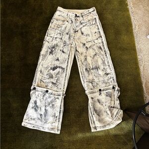 Bleached Effect Wide Leg Cargo Pants - Black & Cream
